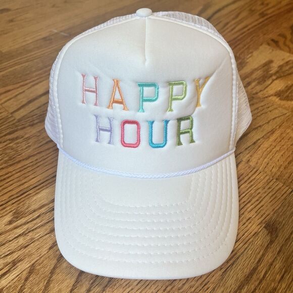 Foam SnapBack Mesh Braid Trucker Hat Cap White “HAPPY HOUR” Colorful NWT Adjust - Picture 1 of 9